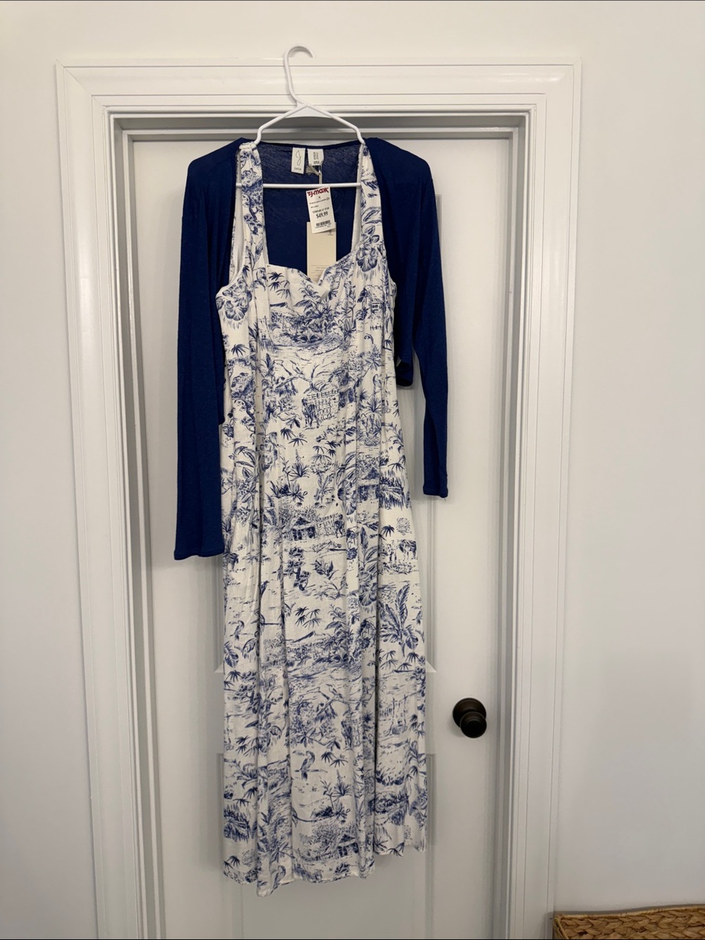 Joie Blue & White Printed Maxi Dress with Navy Cardigan